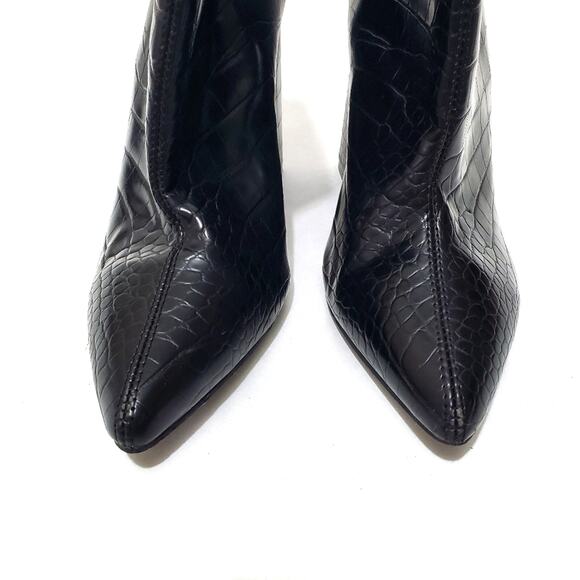 Fashion Nova | Cheryl Patent Leather Textured Reptile Chunky Heel Booties - Picture 5 of 11